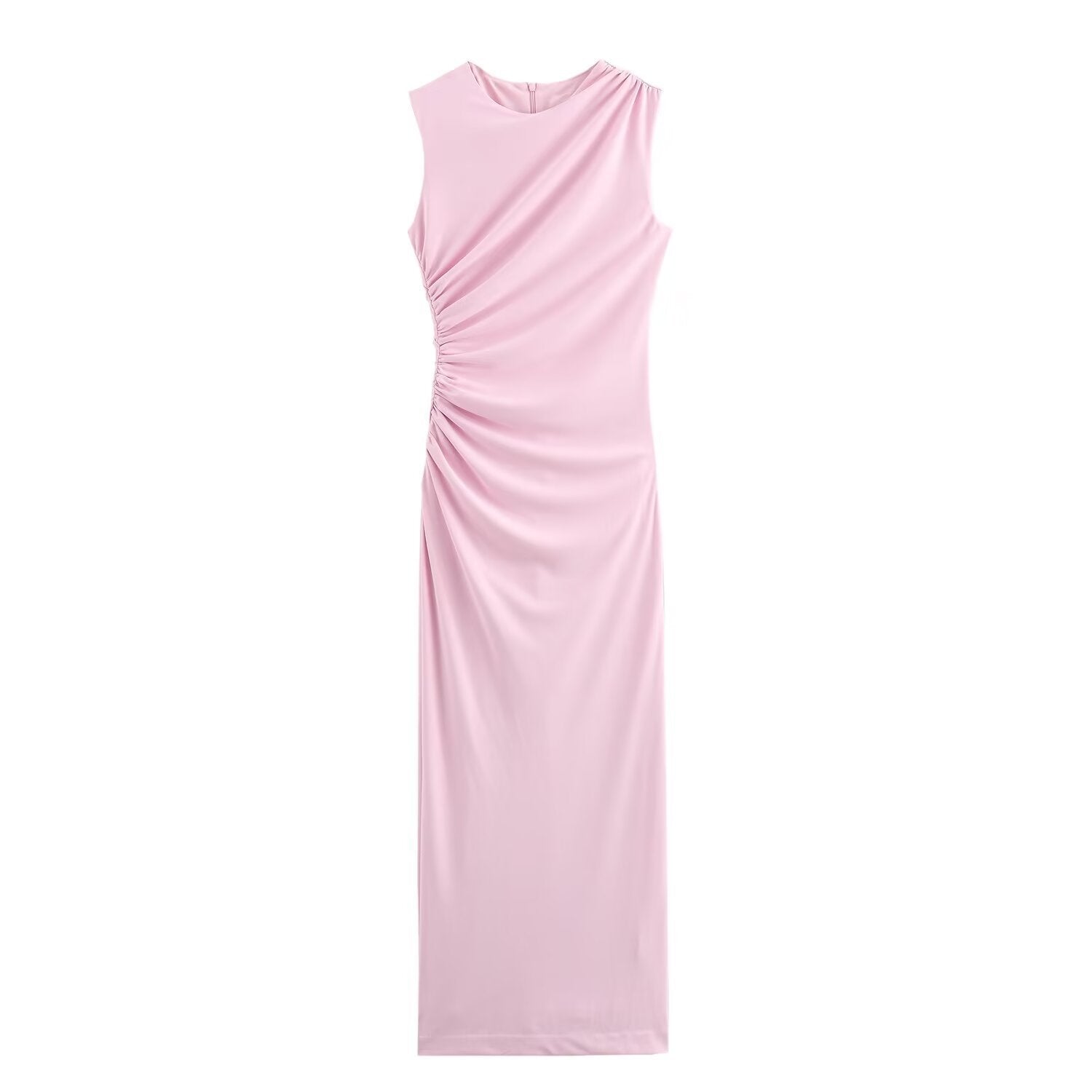 GRMODE | Solid Color Round Neck Sleeveless Pleated Slim Fit Dress