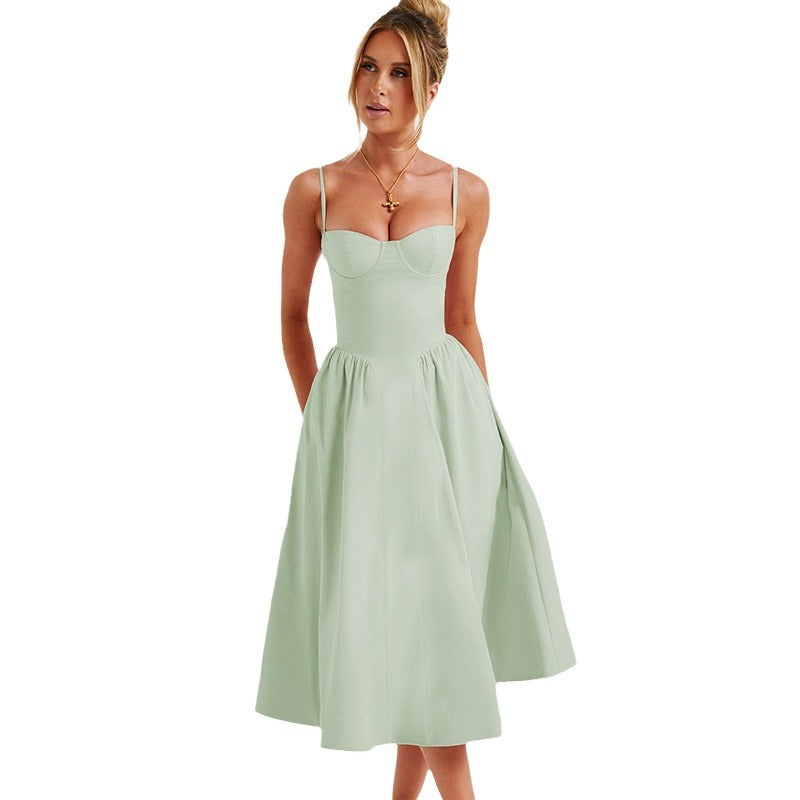 Women's midi dress with elegant bustier top and flowing skirt, size GR