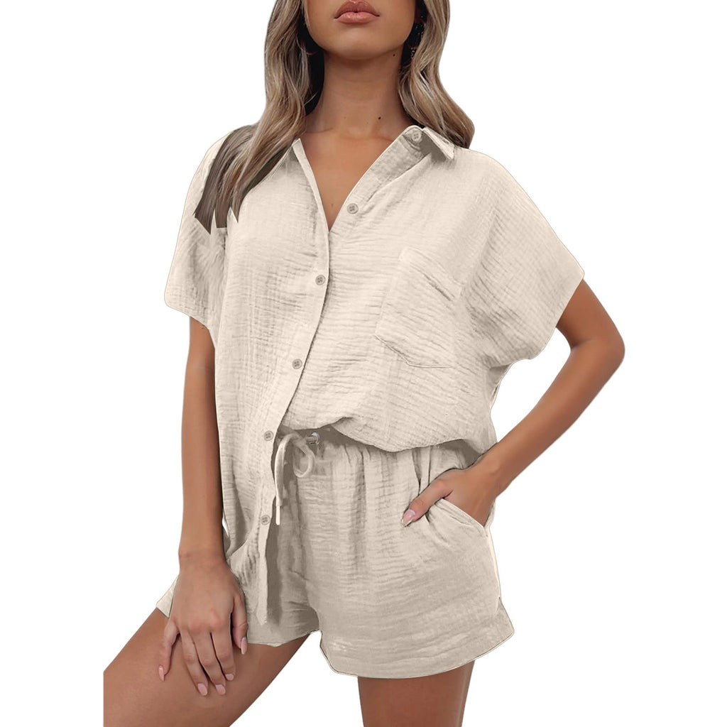 Women's casual short-sleeved shirt and shorts set made from durable cotton material with practical pockets and elastic waistband, size [size missing]