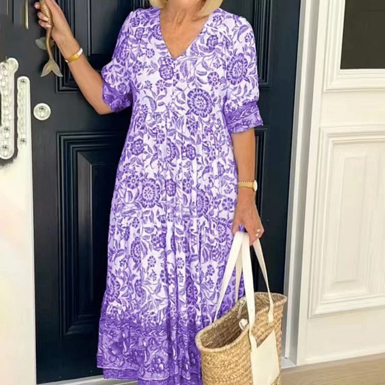 GR | Three-quarter sleeve long floral tie-dye print dress