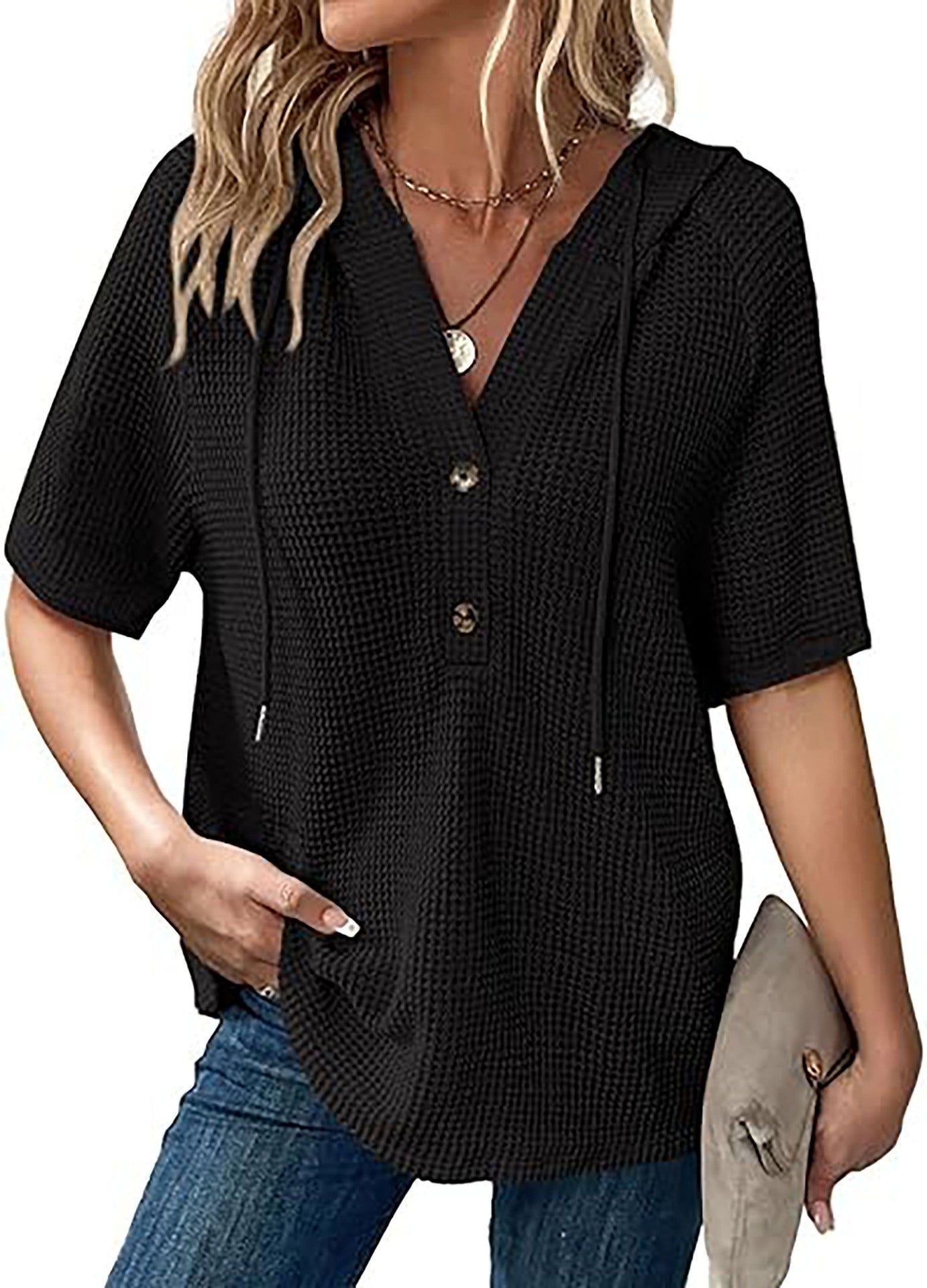 Women's casual hooded blouse with button closures
