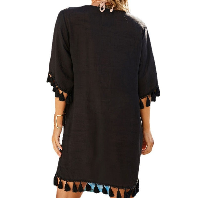 Women's casual beach tunic with fringed hem and wide sleeves, size GR