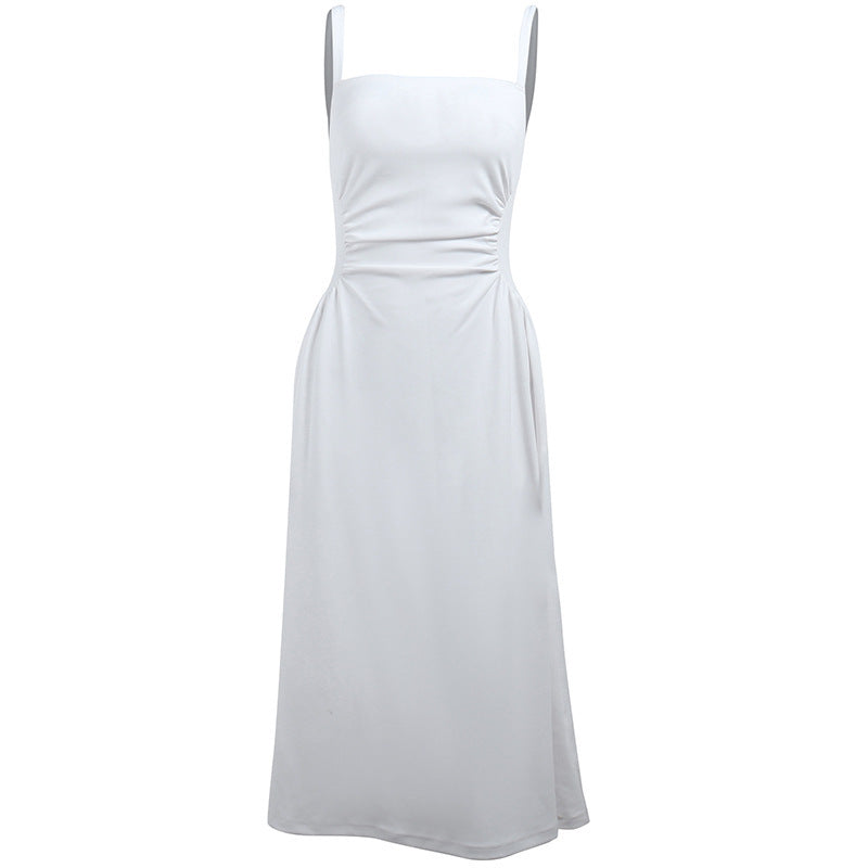 Women's elegant spaghetti strap midi dress with a figure-hugging silhouette and sophisticated draping, size [size]