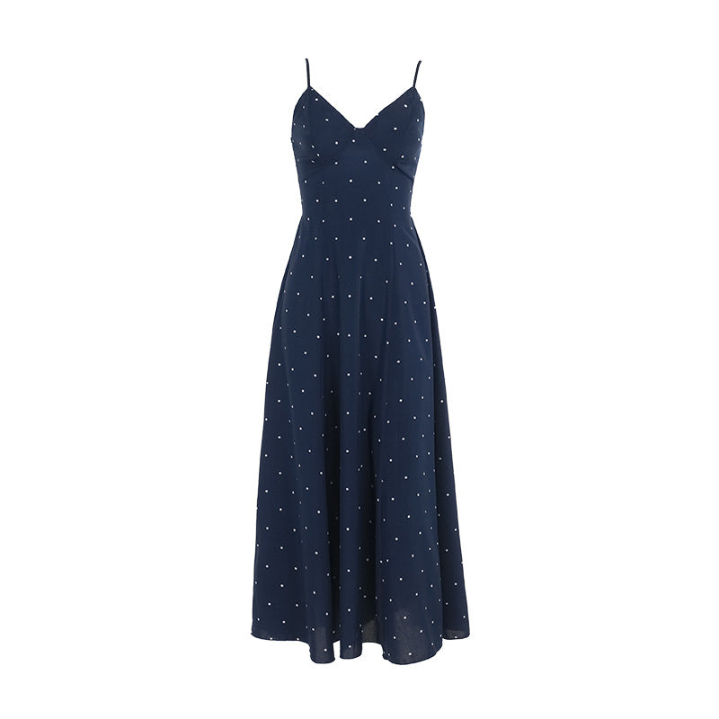 Women's midi dress with delicate spaghetti straps and polka dot design, size GR