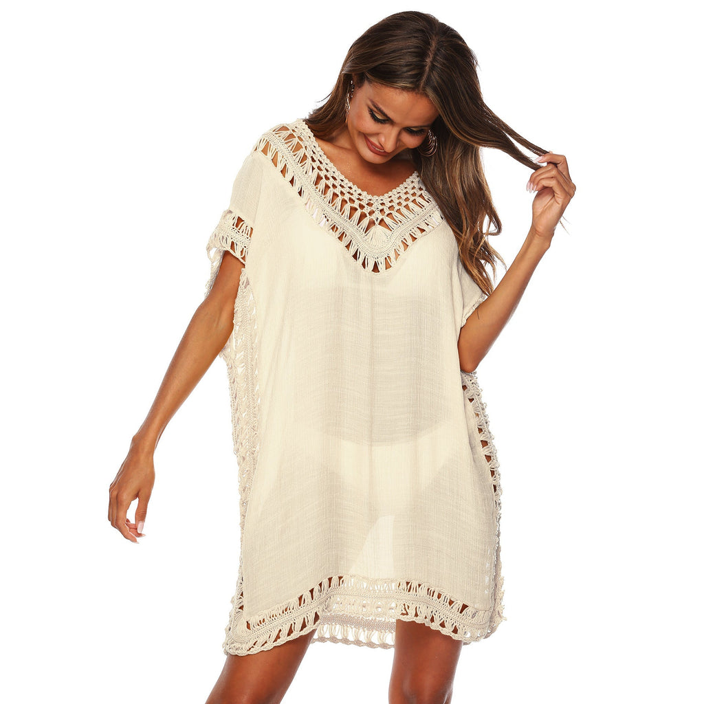 Women's beach tunic with artistic crochet embellishments, size GR