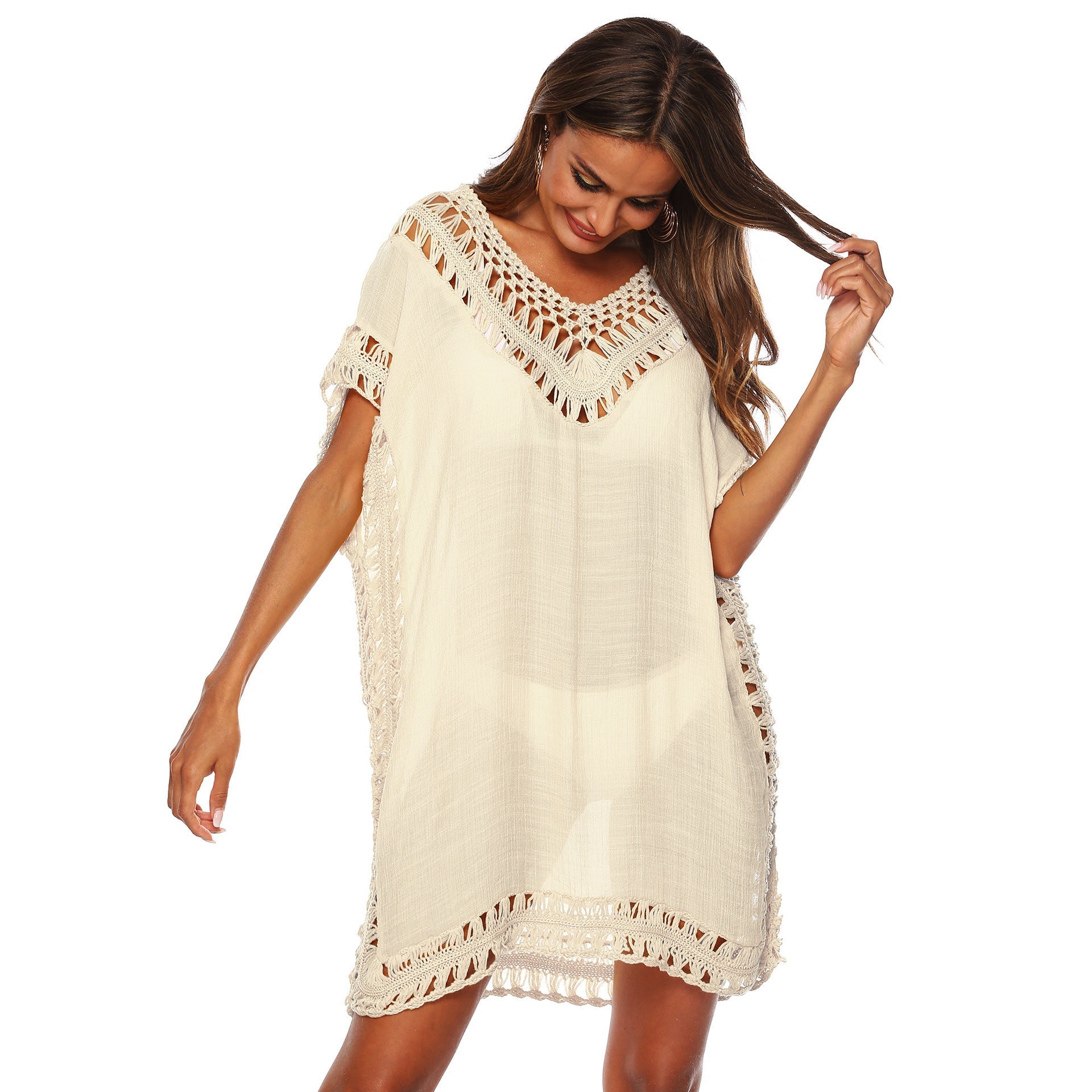 Women's beach tunic with artistic crochet embellishments, size GR