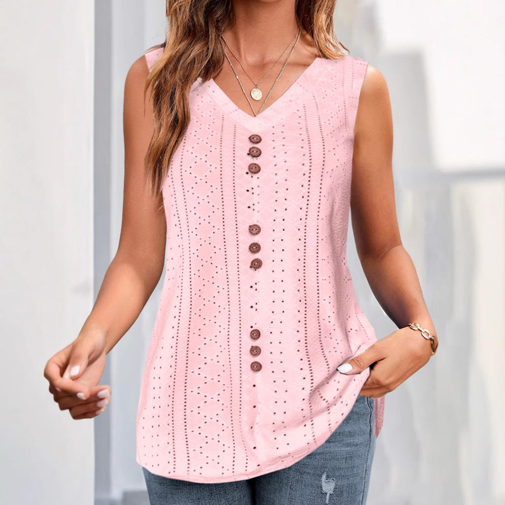Women's sleeveless blouse with delicate openwork pattern and button placket, size [size missing]