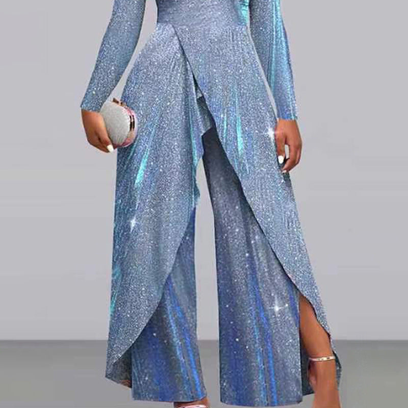 Women's glamorous jumpsuit with shimmering sequin trim and elegant cut-outs, size GR