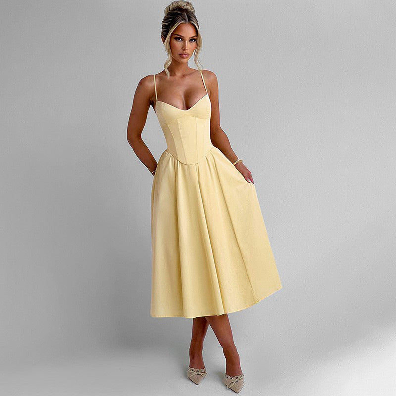 Damen Midi Kleid mit figurbetonter Corsage und schwingendem Rock GR