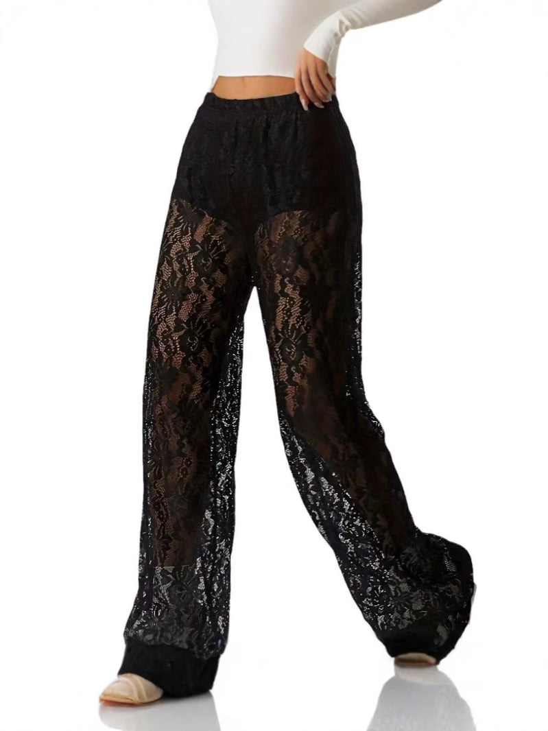 Women's elegant lace trousers with a wide cut and elasticated waistband, size
