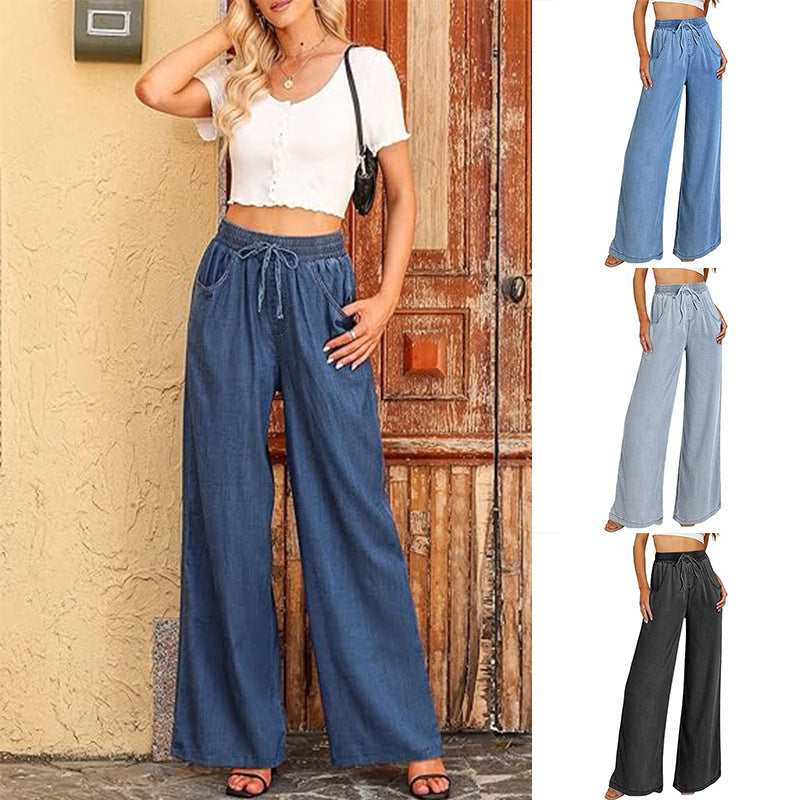 Women's wide-leg jeans with elasticated waistband and side pockets, size