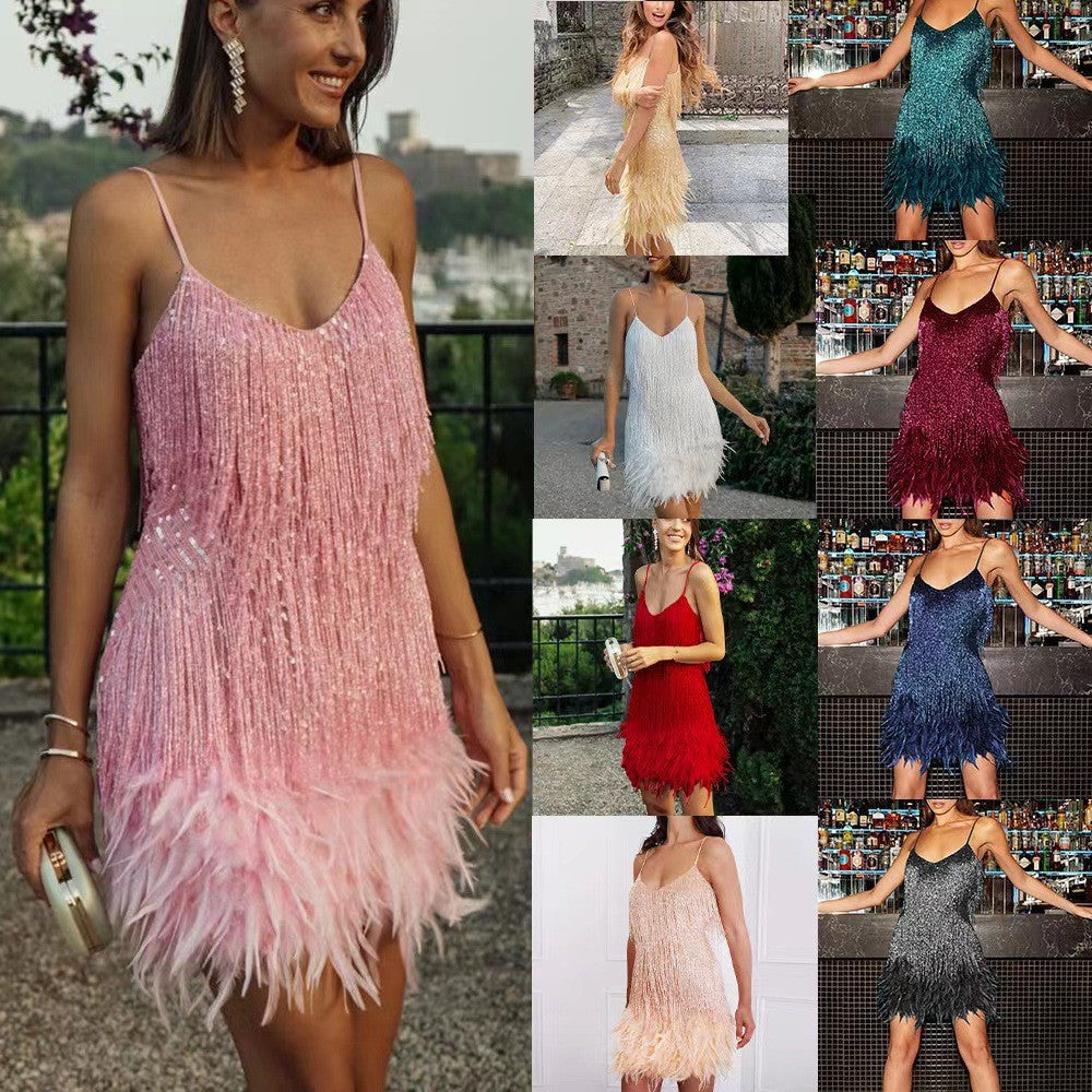 Women's Glittering Short Dress with Feathers and Sparkling Sequins, Size
