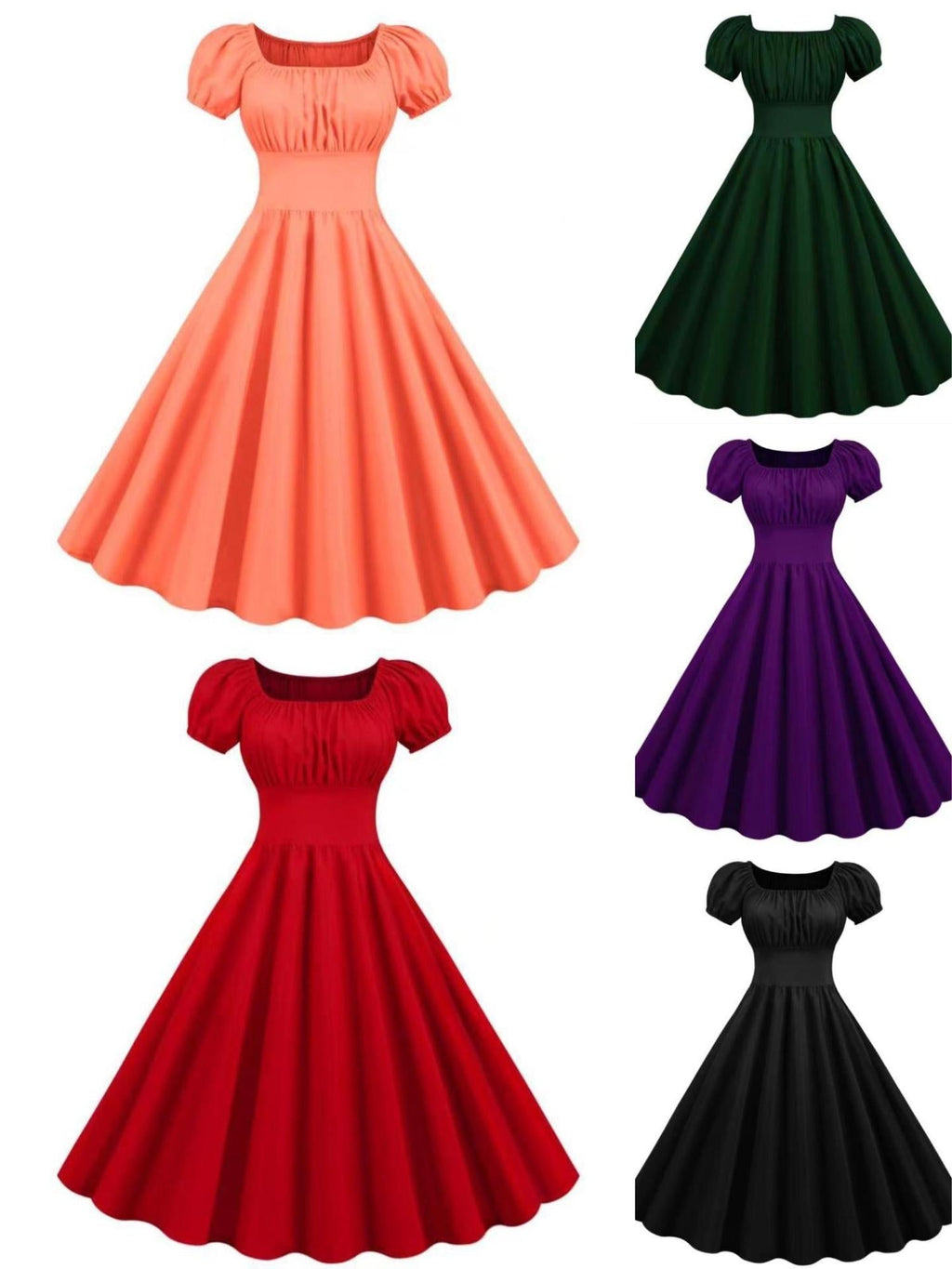 Damen Vintage Kleid mit Puffärmeln und schwingendem Rock GR