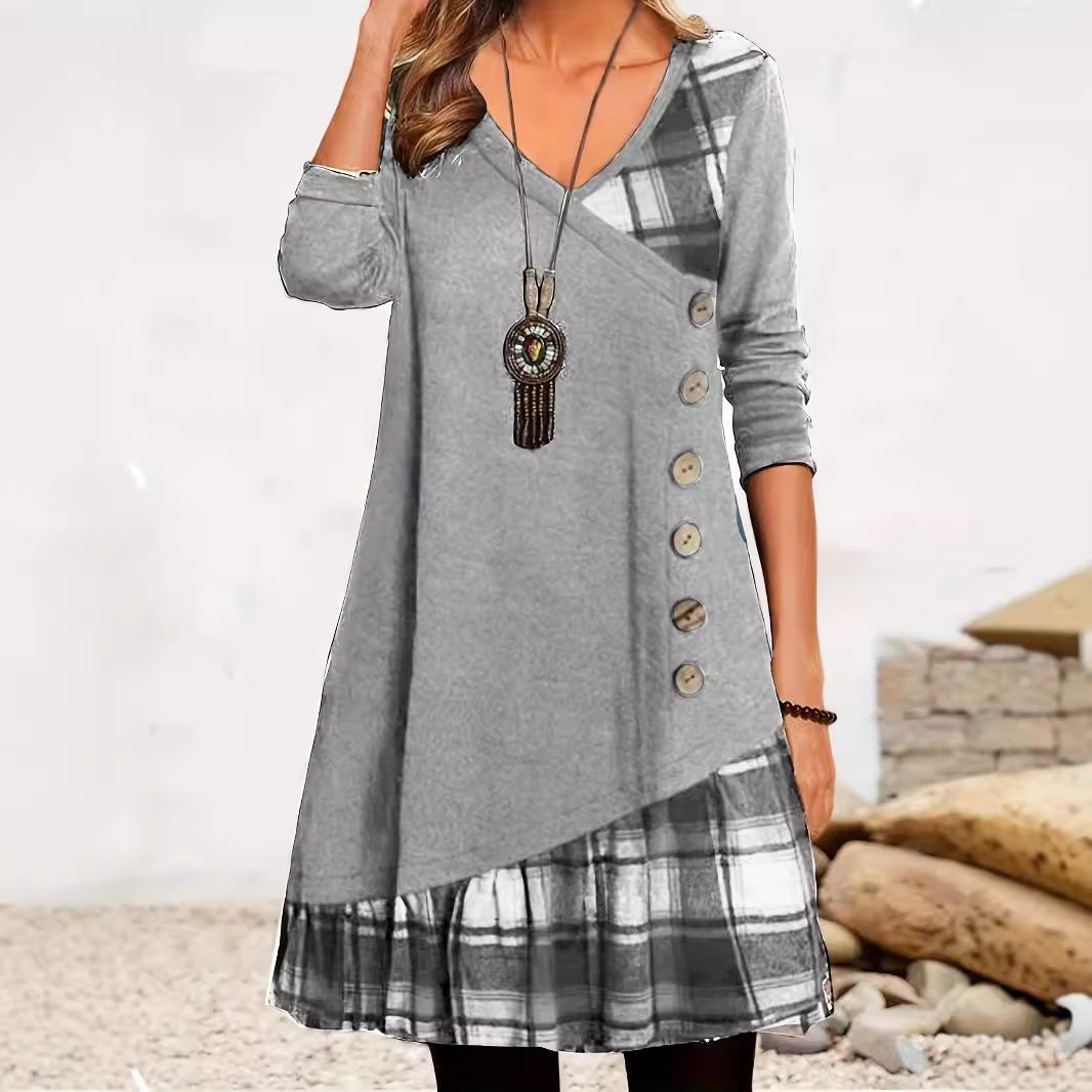 GR | Klassischer Look Karierte Langarmkleid
