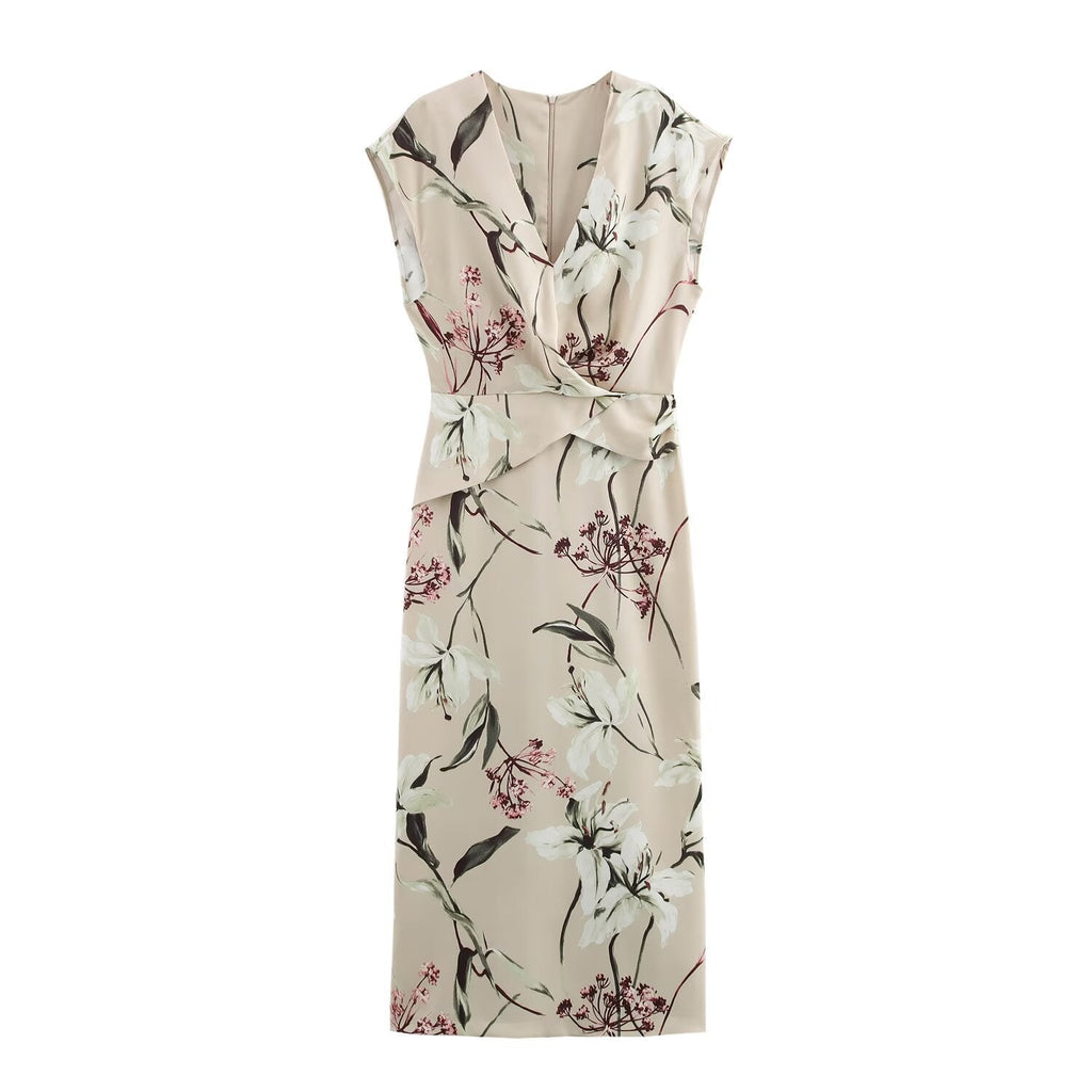 GR | V-Ausschnitt Texturiertes Floral-Print Midi-Kleid