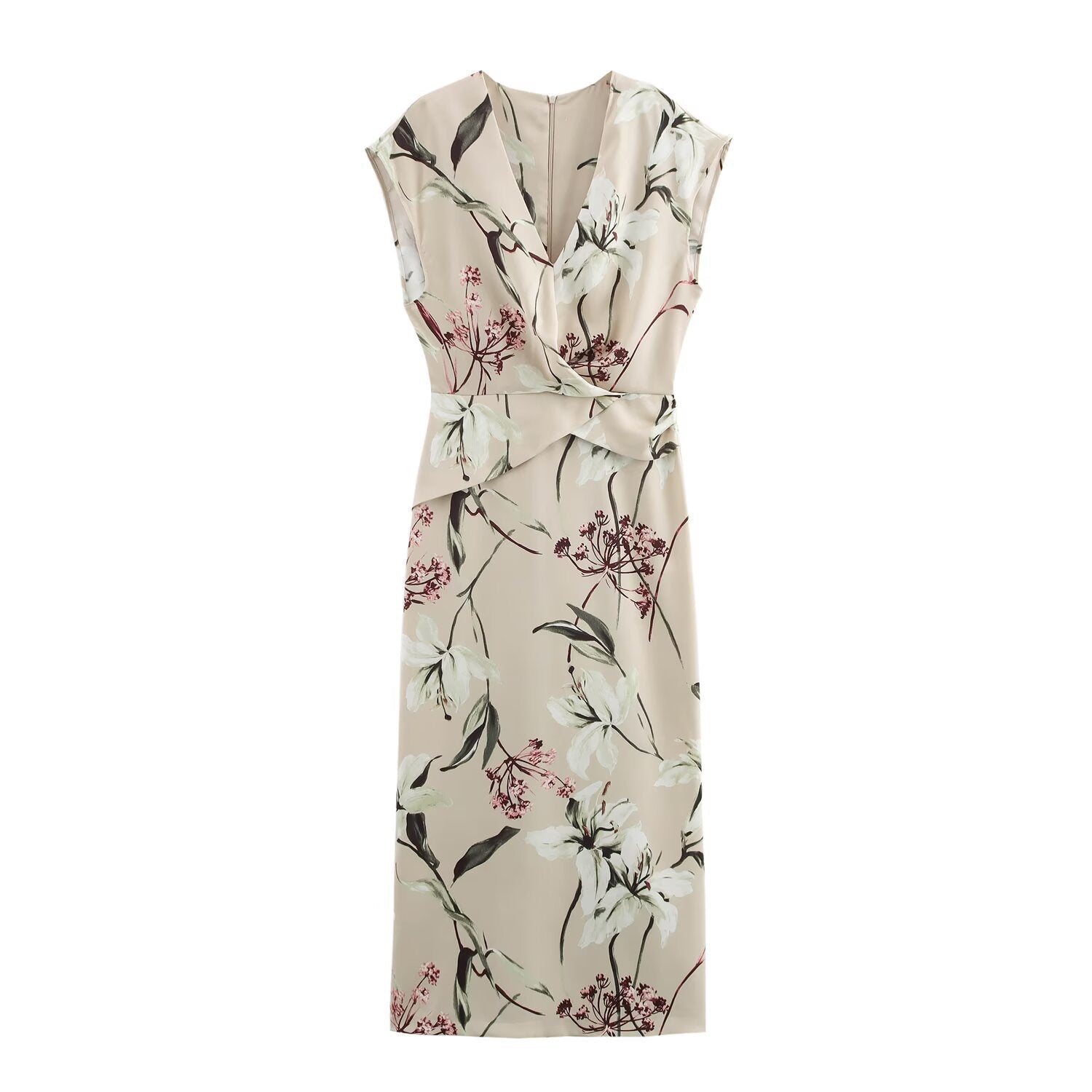 GR | V-Ausschnitt Texturiertes Floral-Print Midi-Kleid