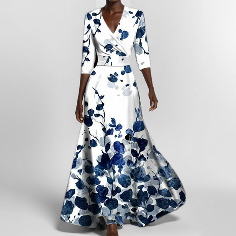 GR | Elegant V-neck printed waist dress with peplum