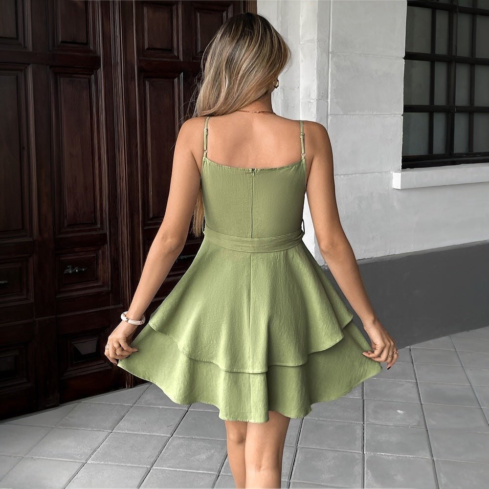 Women's casual wrap dress with a voluminous skirt and narrow spaghetti straps, size [size missing]