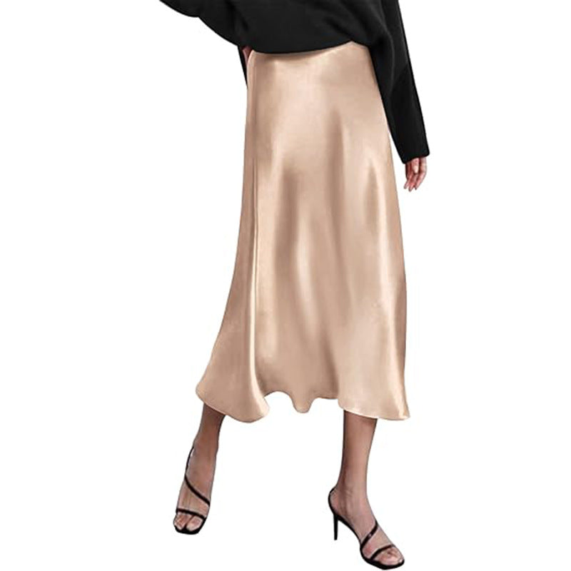 Women's elegant midi skirt in satin viscose with a flowing drape, size GR