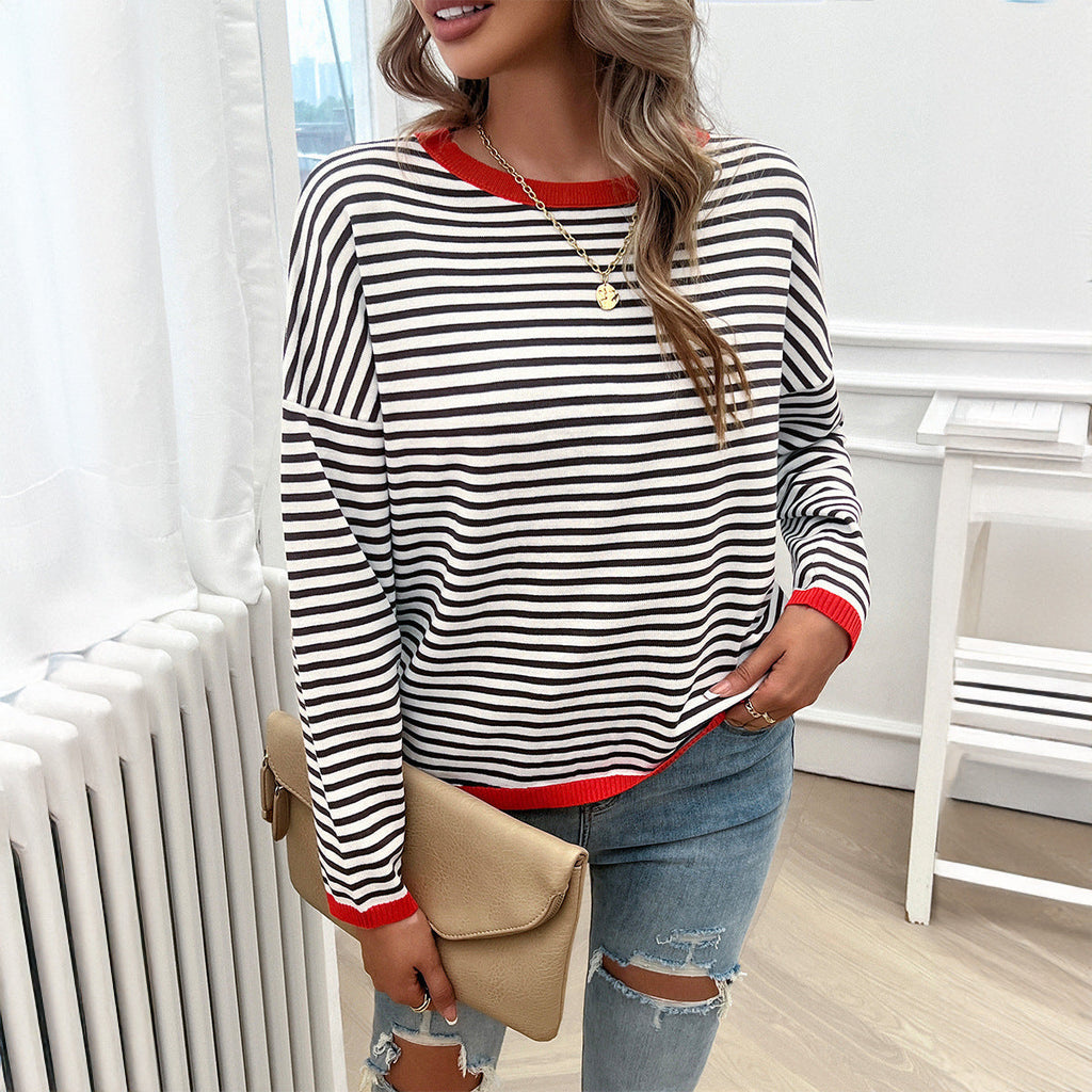 Women's casual striped sweater with colored accents, size