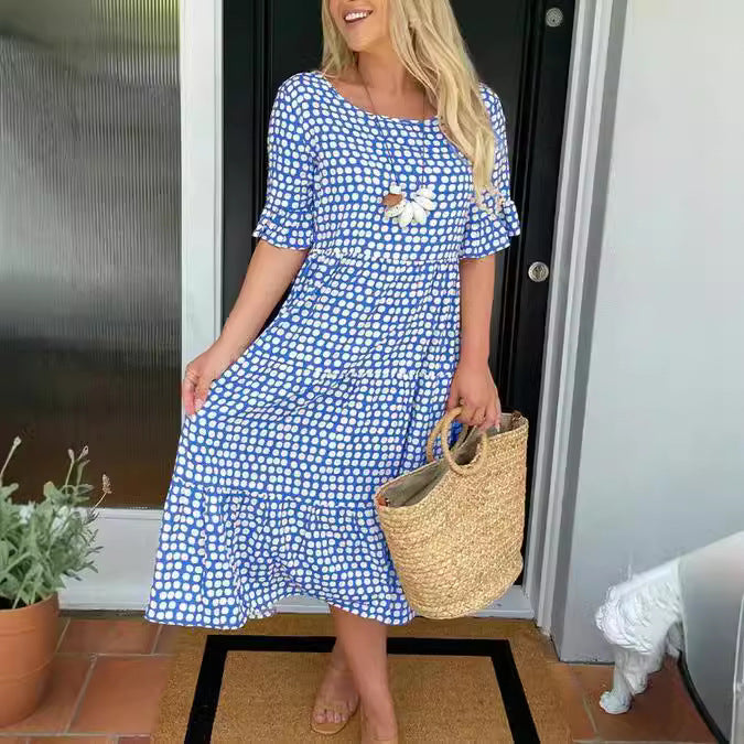GR | Sommer Rundhals Bedrucktes Kurzarmkleid