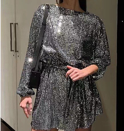 GR | Urlaubsfestmode Pailletten Taillengürtel Kleid