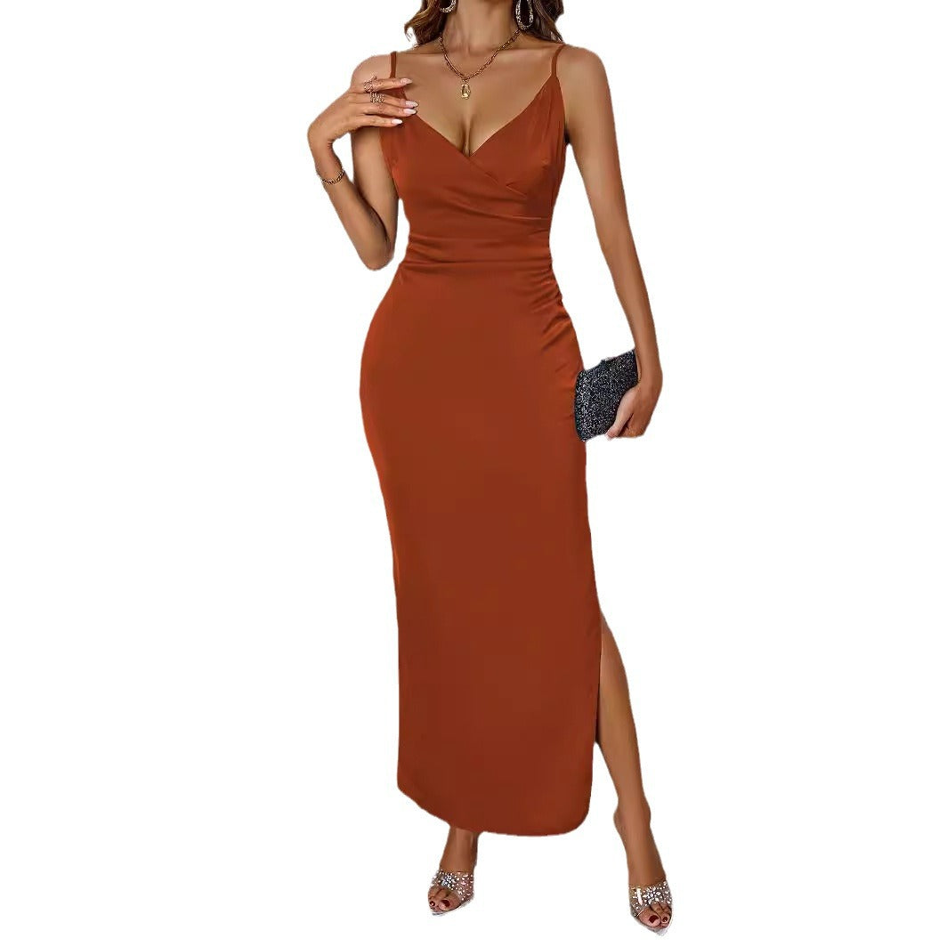 Women's figure-hugging evening dress with V-neck and elegant draping design, size S