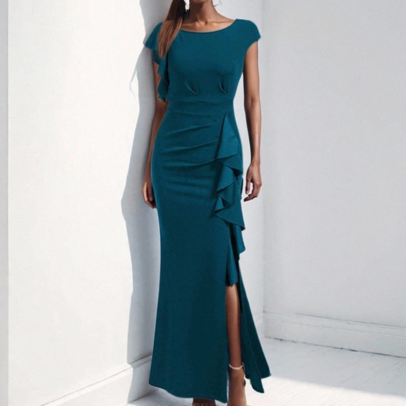 Women's sheath dress with asymmetrical ruffles and high slit, size [size]