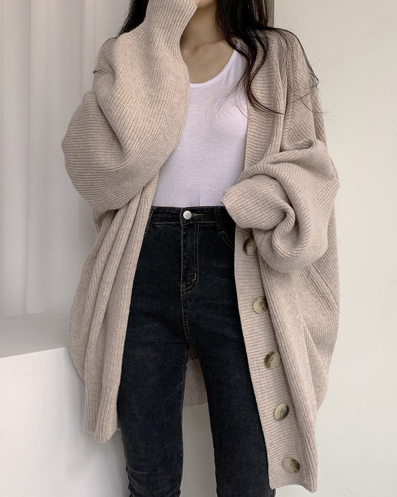 GR V-neck single-breasted loose lantern sleeve knit cardigan