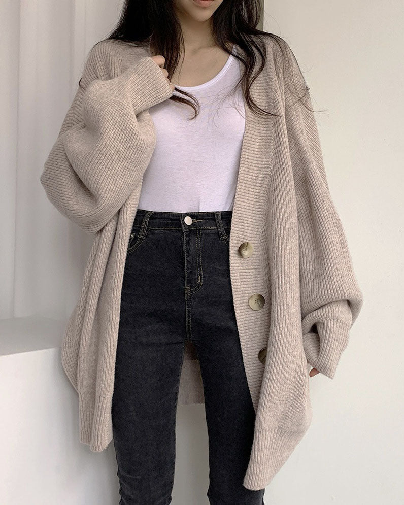 GR V-neck single-breasted loose lantern sleeve knit cardigan