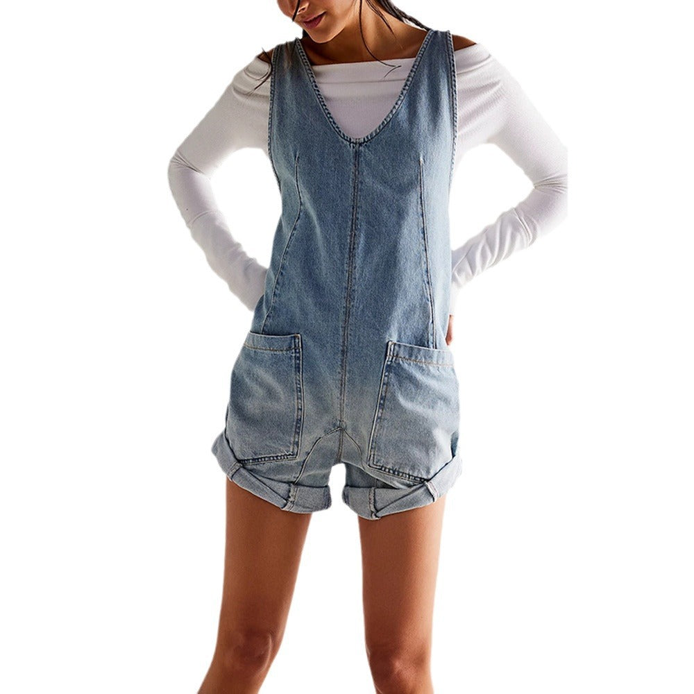 GR | Washed Denim Adjustable Strap Shorts Jumpsuit