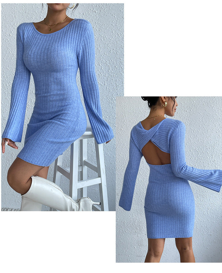 GR | Long-sleeved trumpet sleeve open back knit dress 