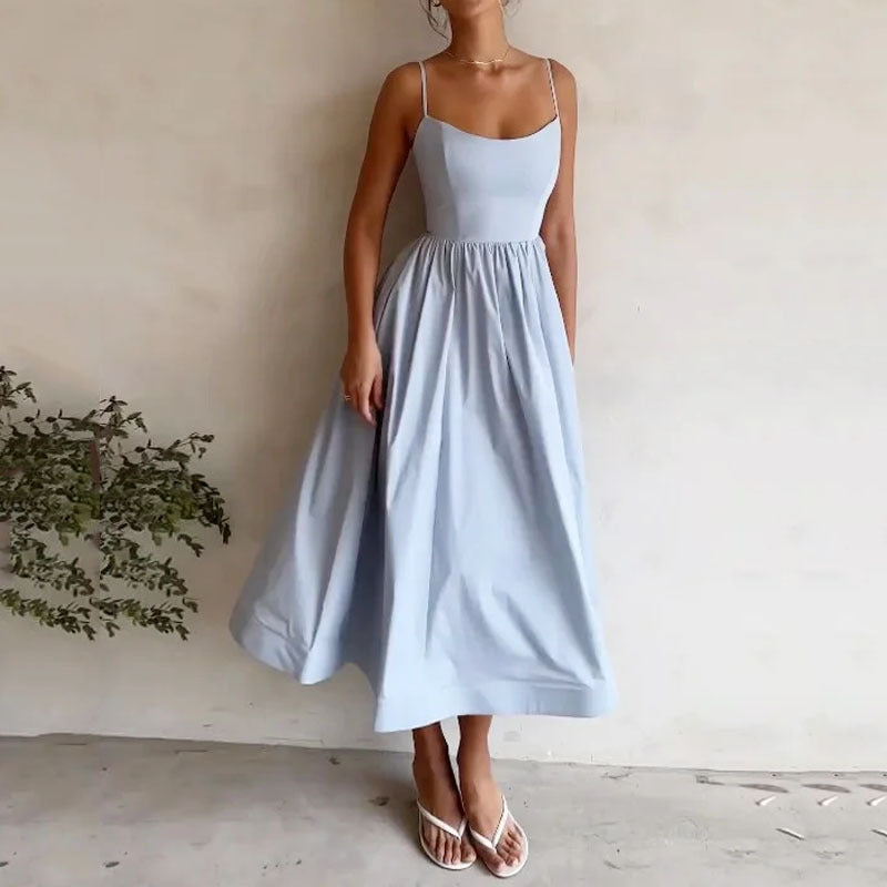 GR | Midi Kleid Spaghettiträger Quadratischer Ausschnitt Ausgestellter Rock Elegante Passform