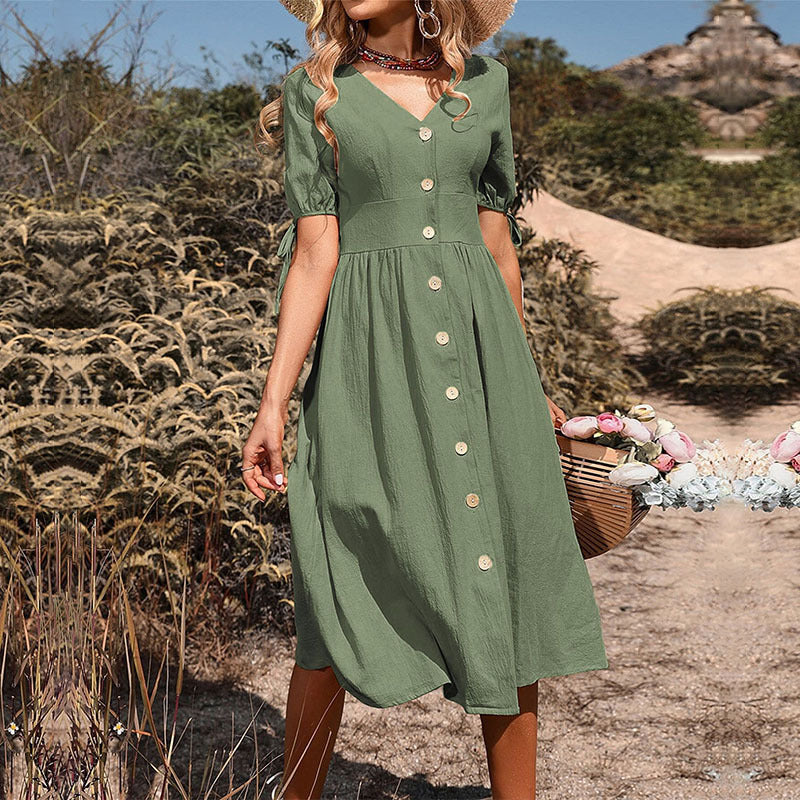 Women's knee-length summer dress with V-neck and romantic button details, size