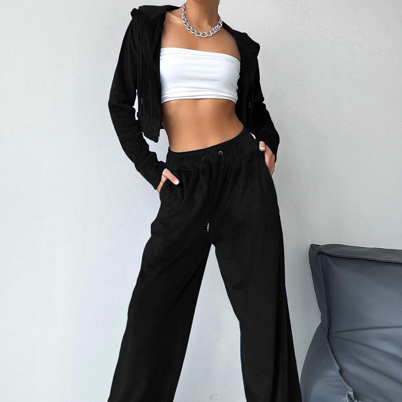 Damen Sportliches Freizeit-Set mit lässiger Kapuzenjacke und weit geschnittenen Hosen GR