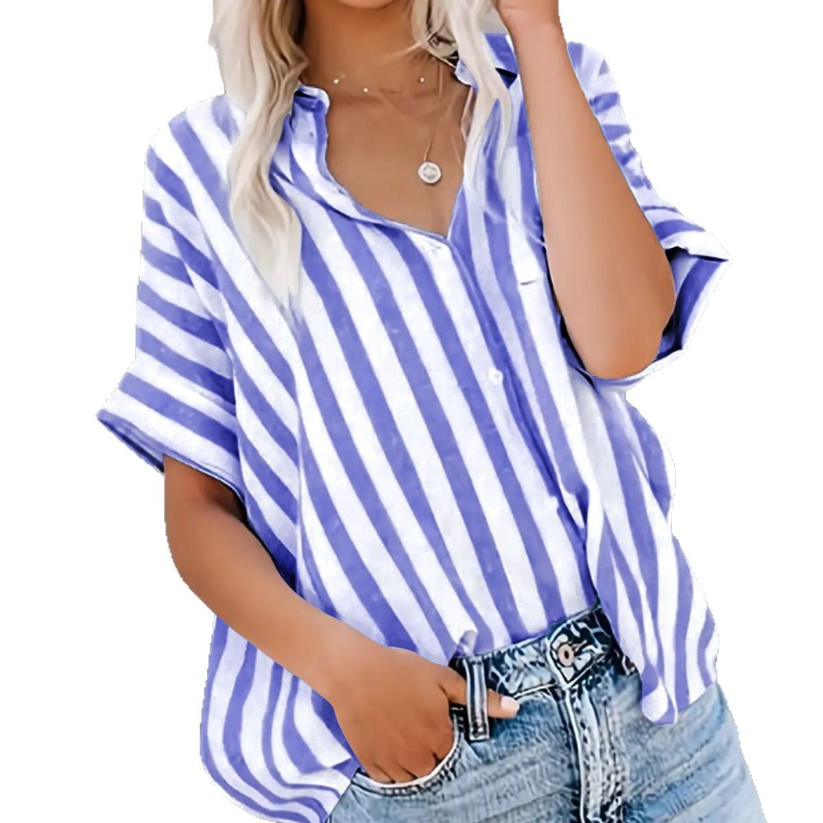 Women's Oversized Striped Shirt with Classic Collar and Short Sleeves, Size