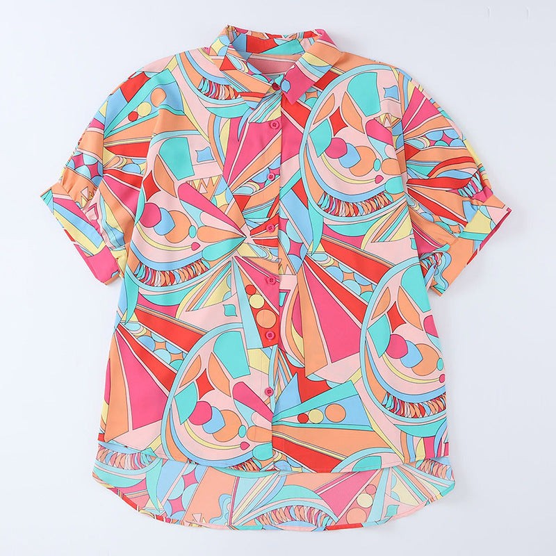 Damen farbenfrohe Bluse mit geometrischem Muster und modischer Knopfleiste GR