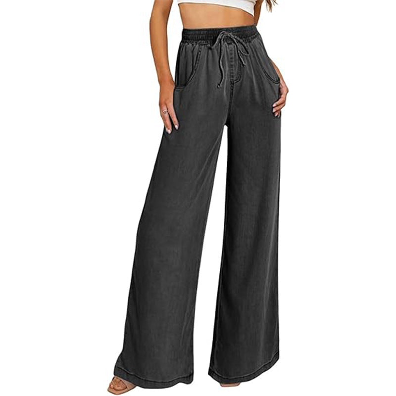 Women's wide-leg jeans with elasticated waistband and side pockets, size