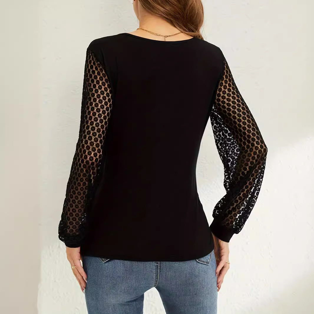 GR | Spitzenlaternenärmel Lose Kreuz T-Shirt Top