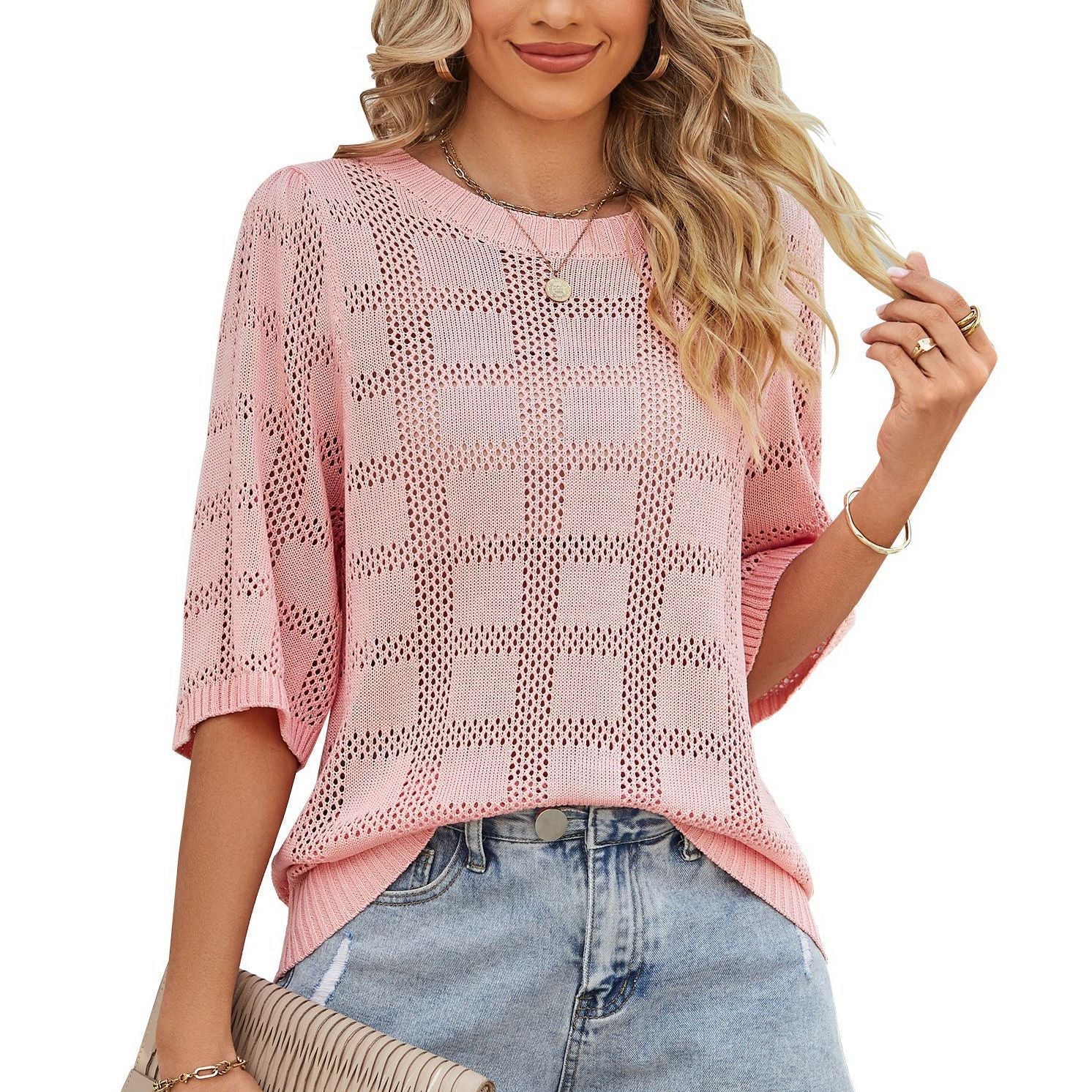 Women's airy knit top with a loose fit and modern openwork pattern, size
