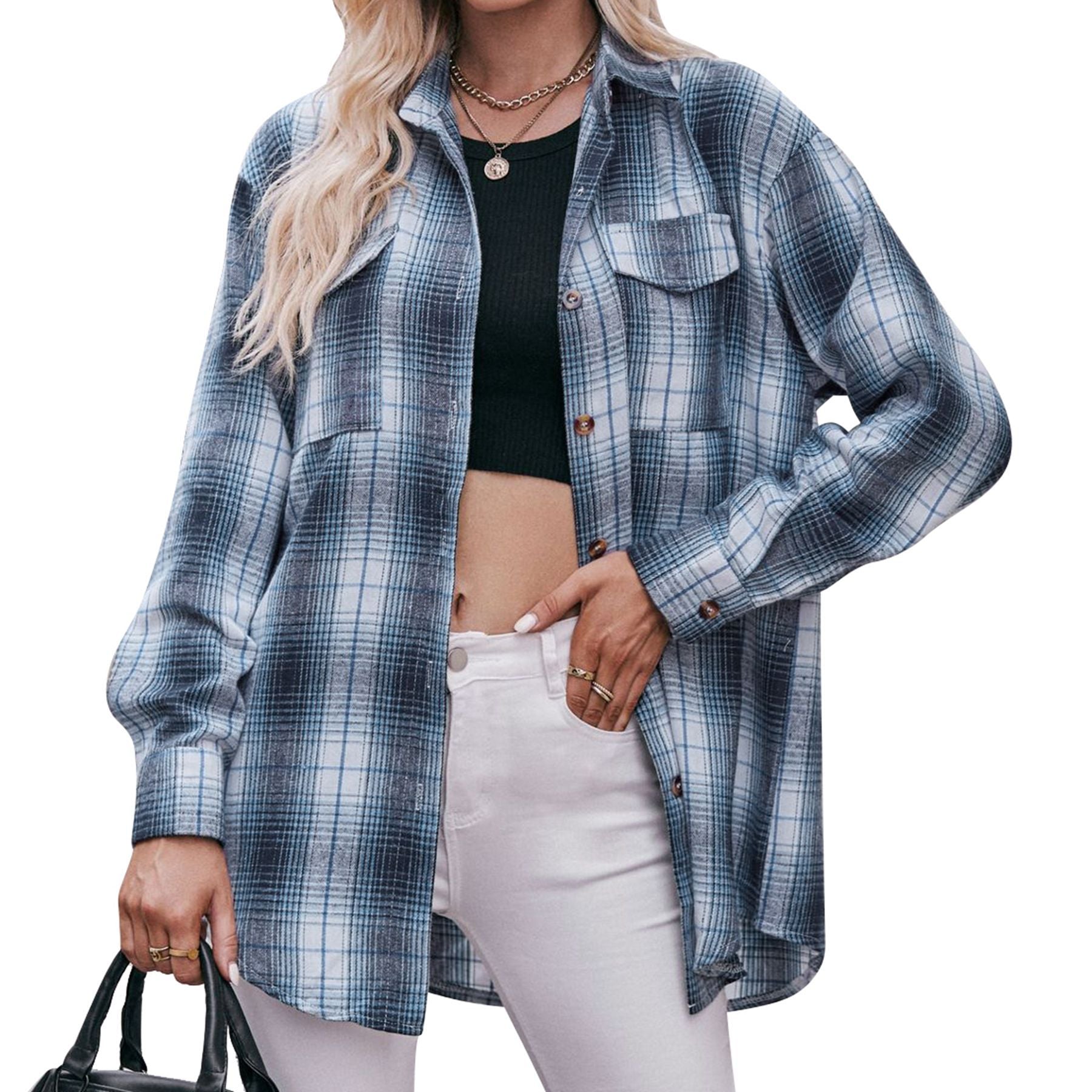 Women's checked shirt with button-up front design and casual knot detail, size GR