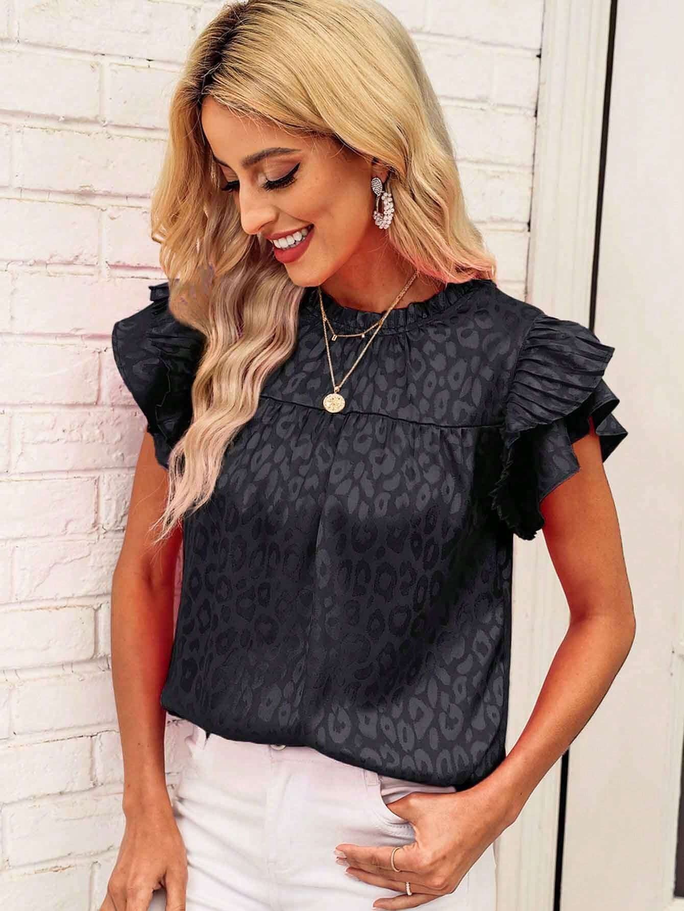 Damen Bluse mit modischen Rüschendetails und elegantem Leopardenmuster GR