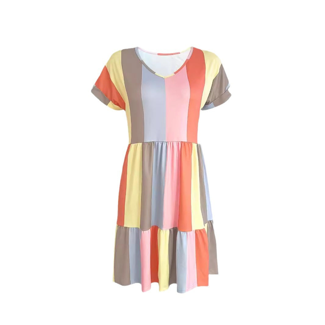 Damen Freizeitkleid mit farbenfrohem Streifenmuster und fließendem Design GR