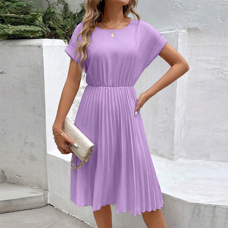 Women's pleated midi dress with elasticated waistband and short sleeves, size
