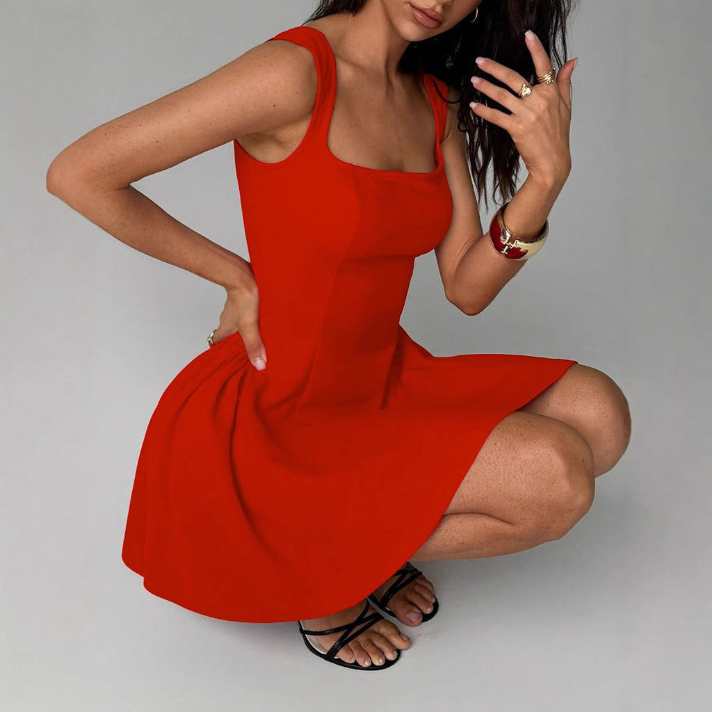 Damen A-Linien Kleid mit quadratischem Ausschnitt und schwingendem Rock GR