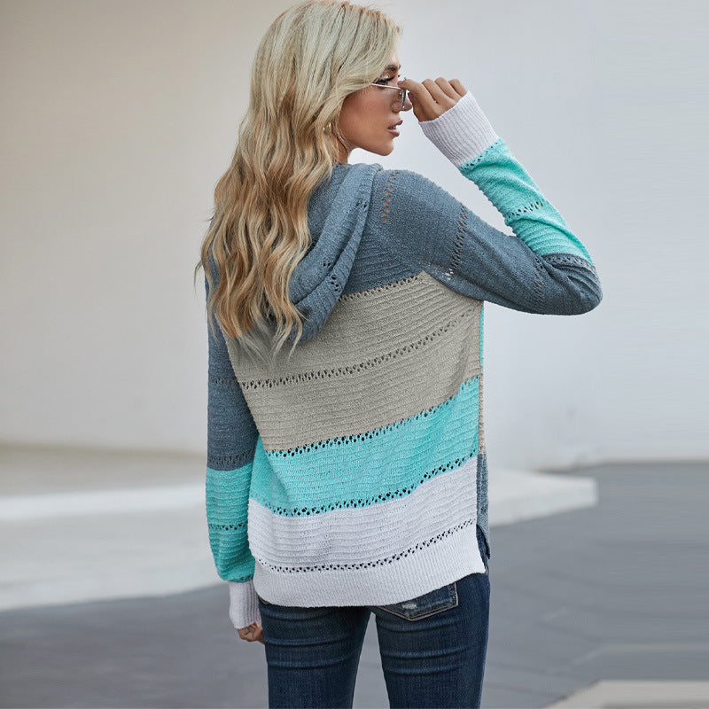 Women's casual cardigan with hood and decorative openwork pattern, size