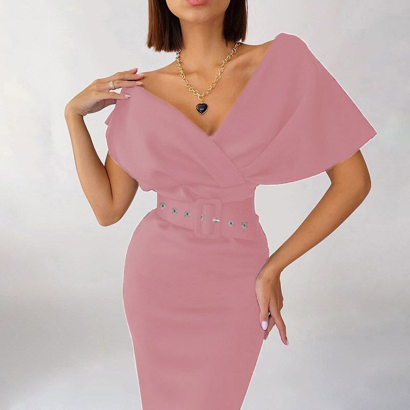 GR | Off-Shoulder Fitted Dress with Belt