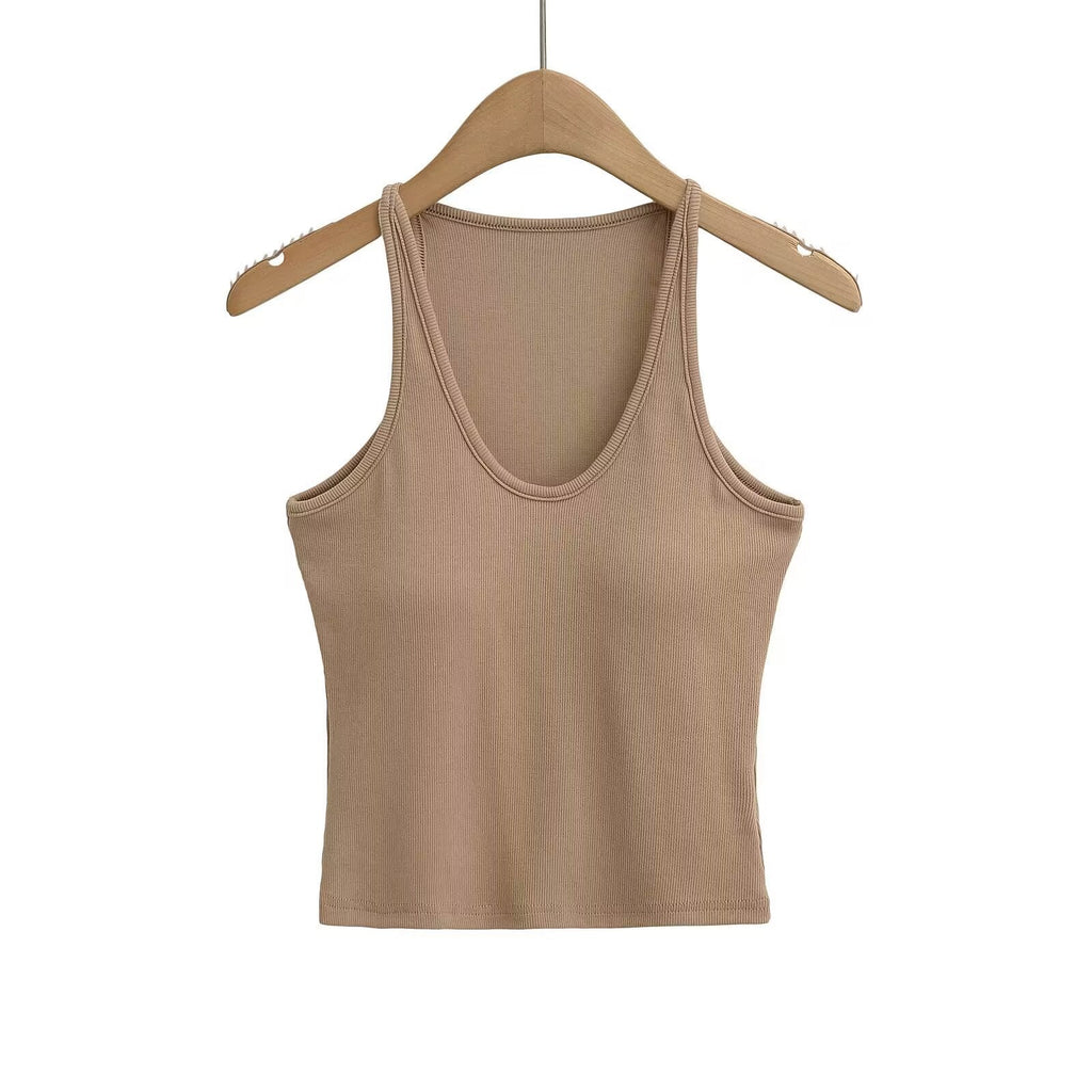 Damen ärmelloses Sporttop mit tiefem U-Ausschnitt und elastischem Material GR