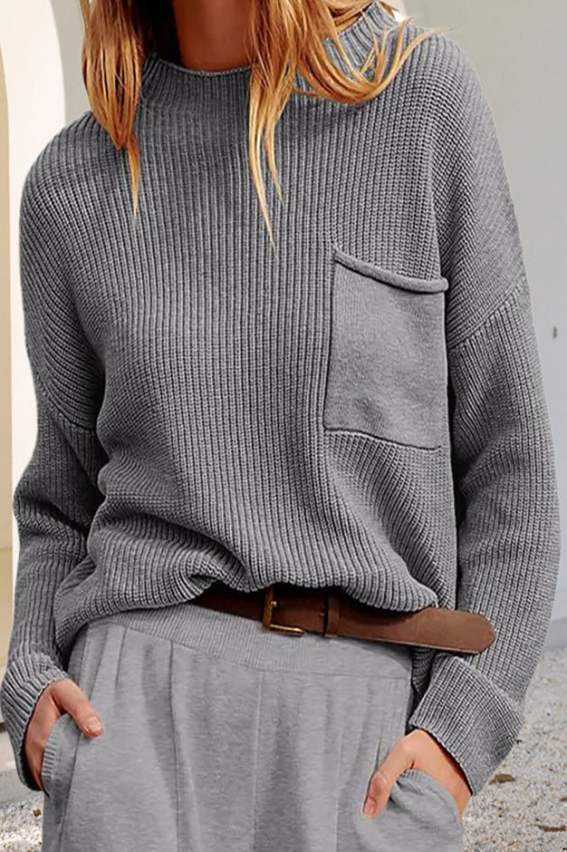 GR Entspanntes Langarm-Taschen-Strick-Sweatshirt