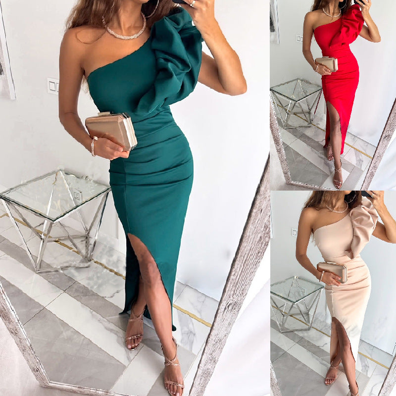 Women's Elegant One-Shoulder Evening Dress with Ruffles and High Slit, Size